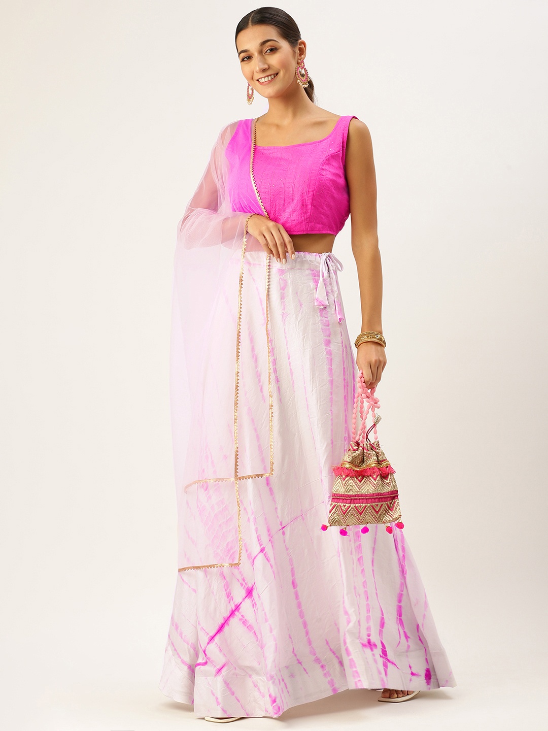 

DIVASTRI Pink & White Shibori Cotton Semi-Stitched Lehenga with Blouse & Dupatta