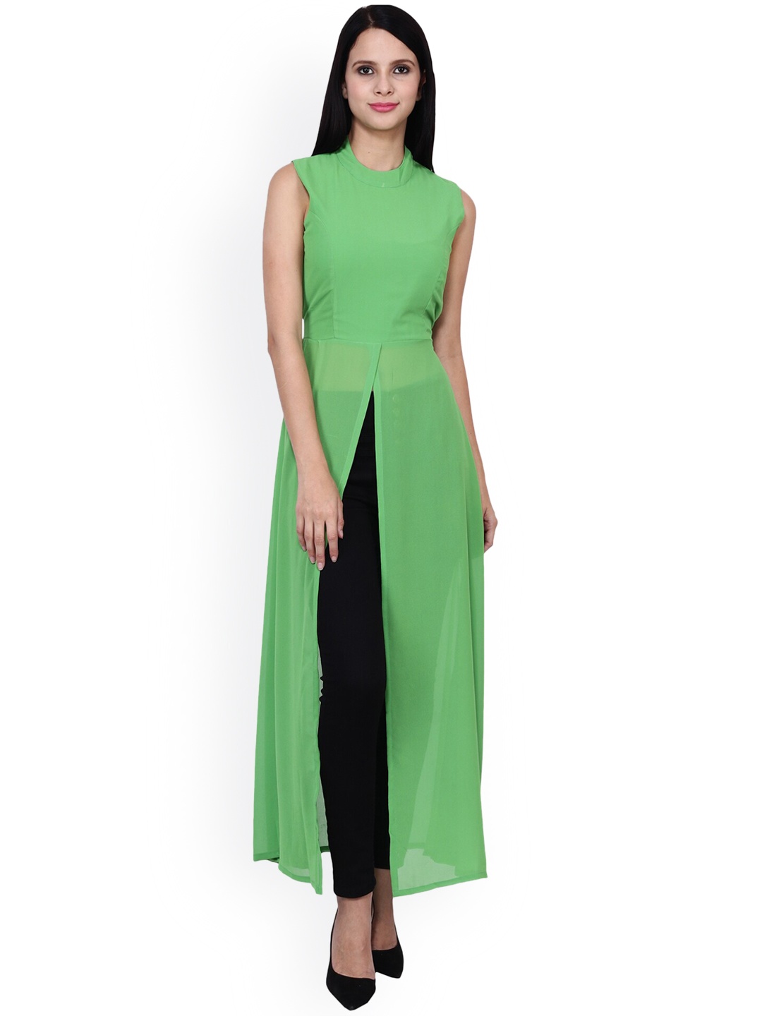 

Frempy Women Green & ming Solid High-Neck Slit Georgette Kurta