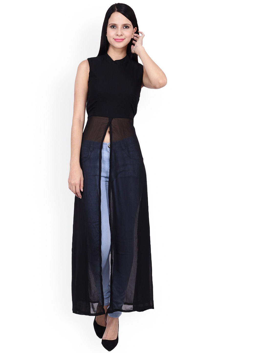

Frempy Women Black Patchwork Georgette Kurta