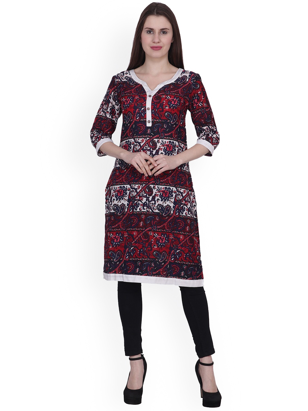 

Frempy Women Maroon & White Paisley Embroidered Georgette Kurta