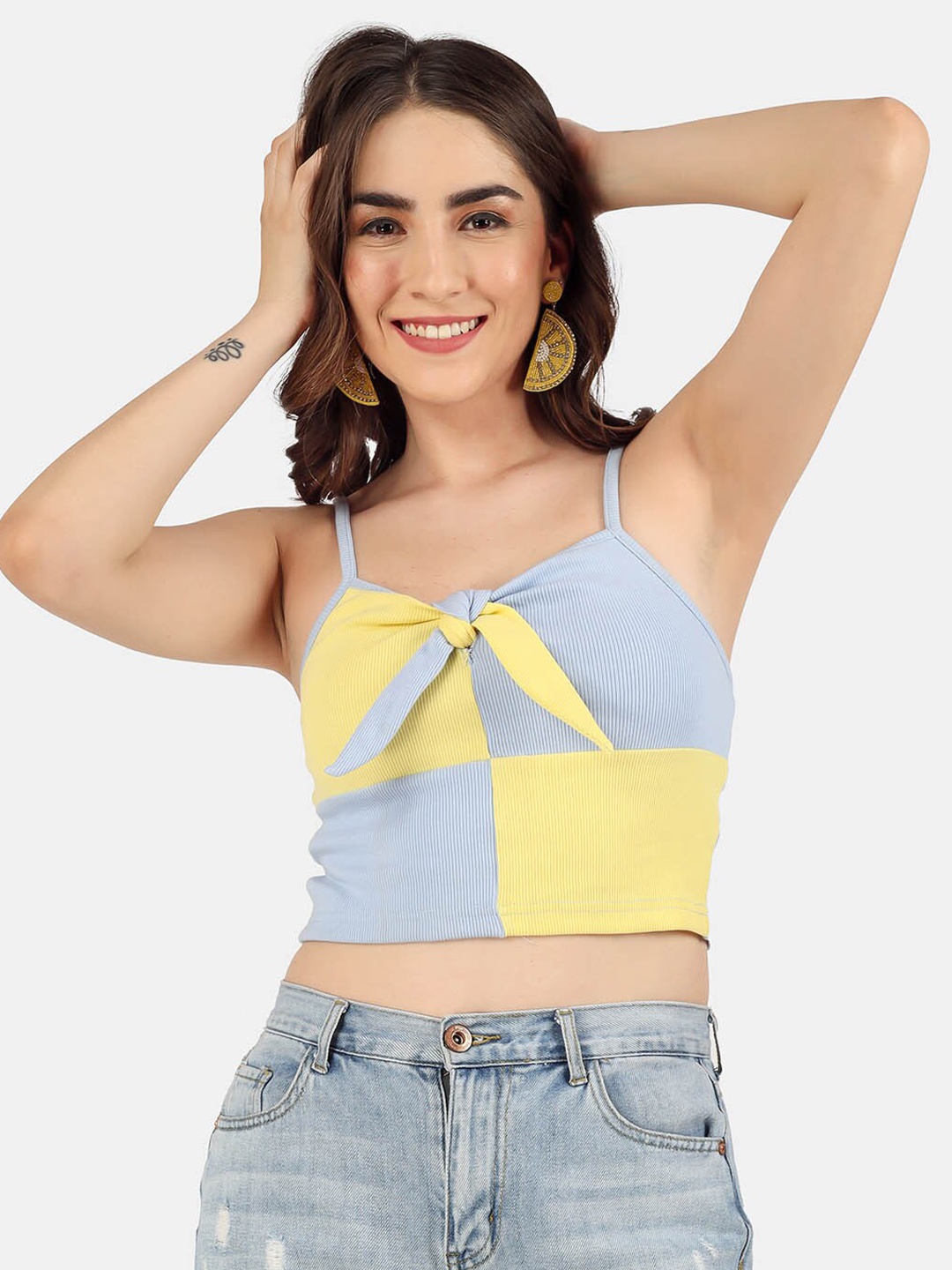 

angloindu Women Yellow & Blue Colorblocked Knot Top