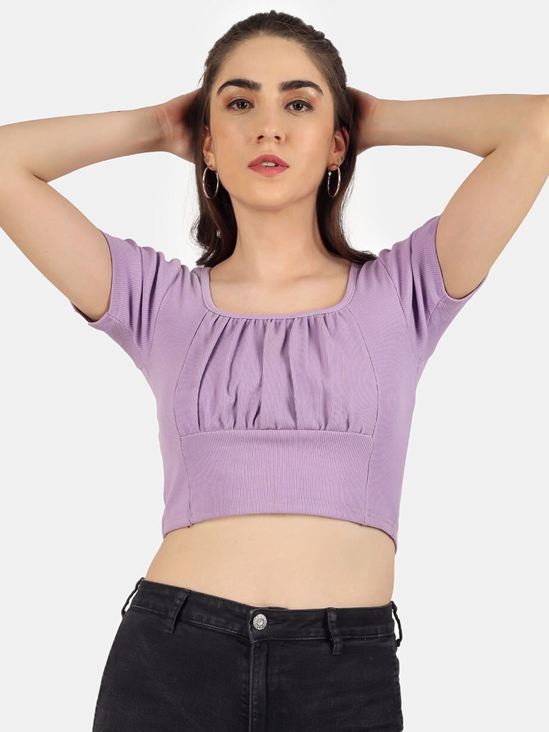 

angloindu Women Purple Solid Pleated Slim Fit Crop T-shirt