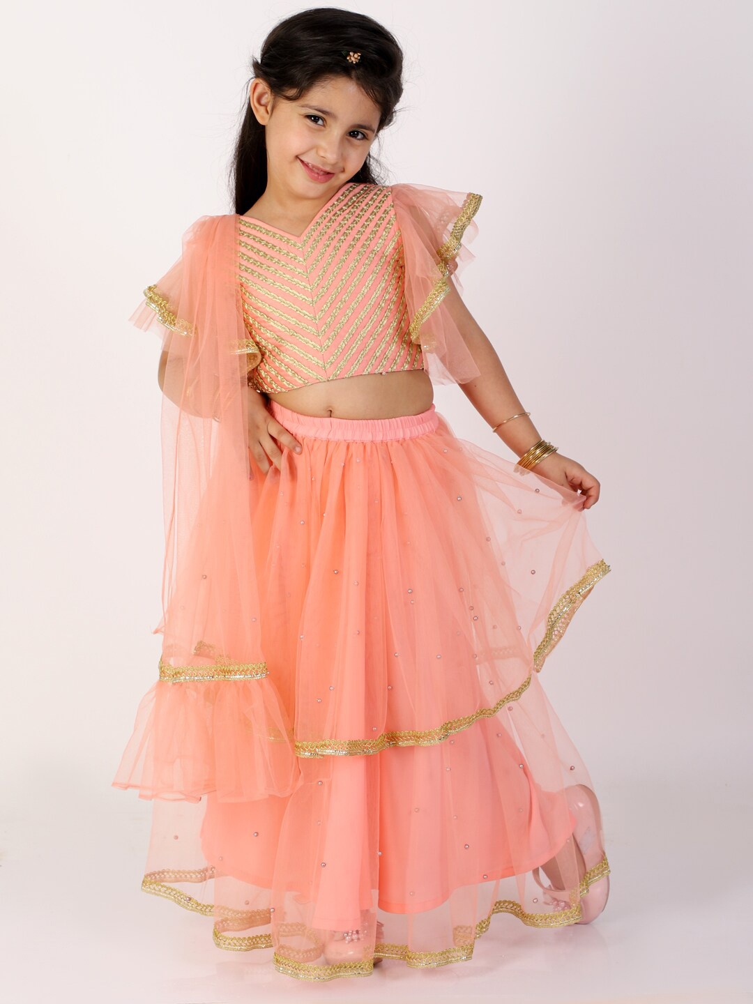 

KID1 Girls Peach-Coloured & Gold-Toned Embellished Ready to Wear Lehenga & Blouse With Dupatta