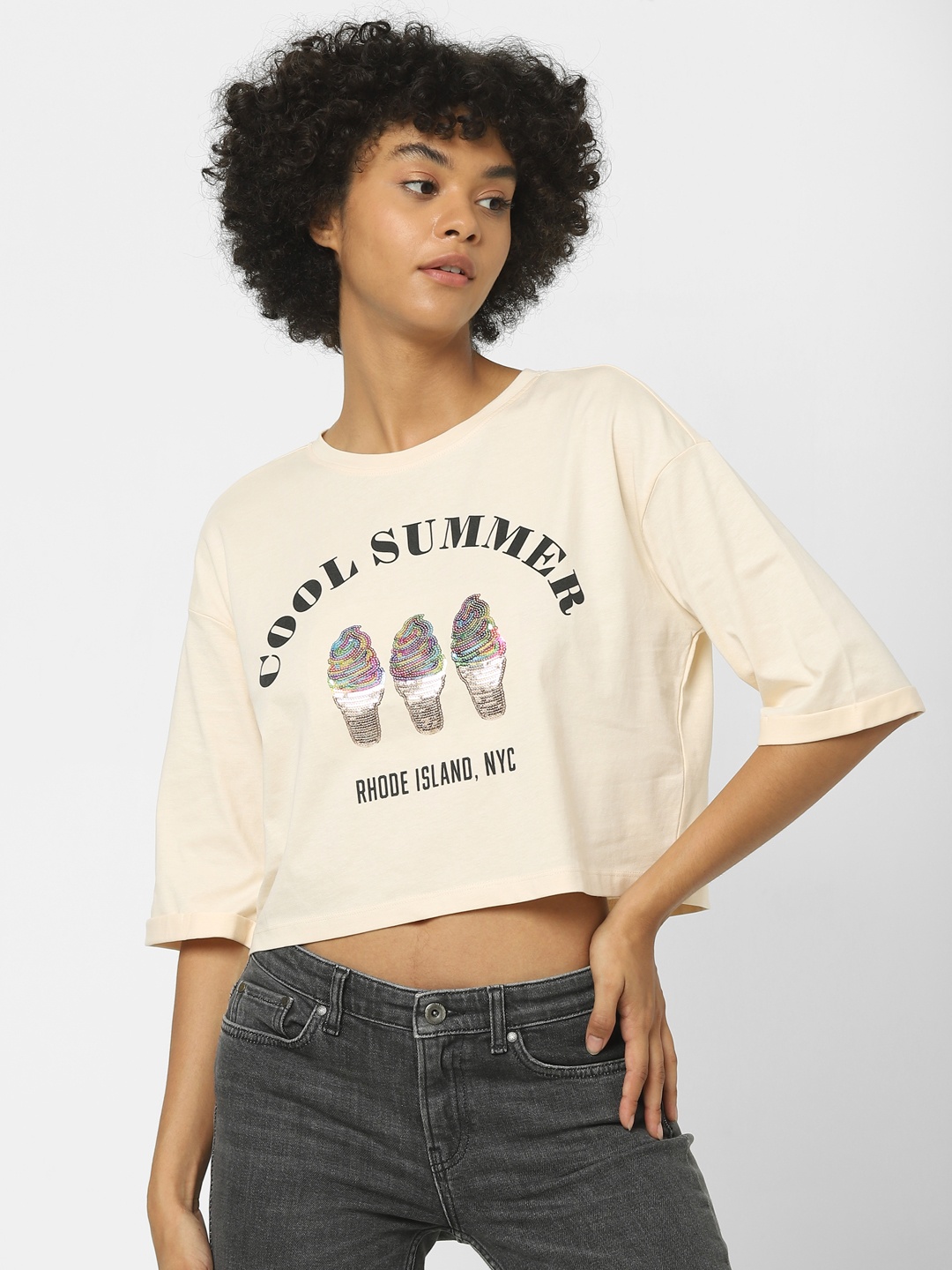 

ONLY Women Cream-Coloured & Black Typography Printed Drop-Shoulder Sleeves Crop T-shirt