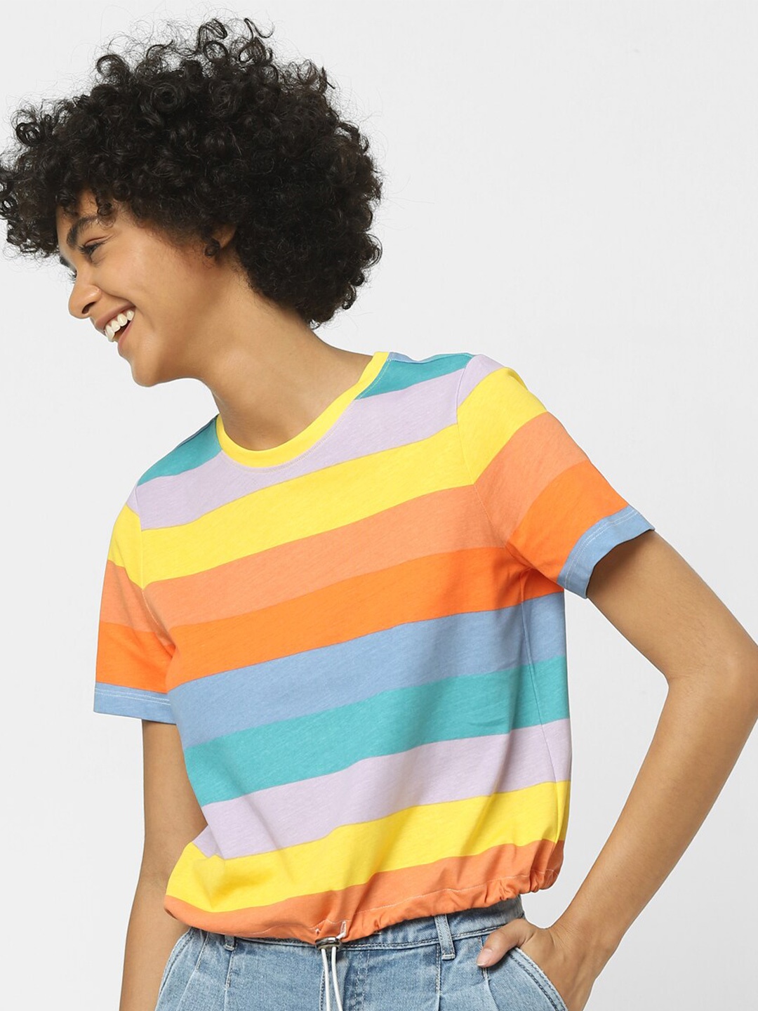 

ONLY Women Orange and Yellow and Blue Striped T-shirt, Multi