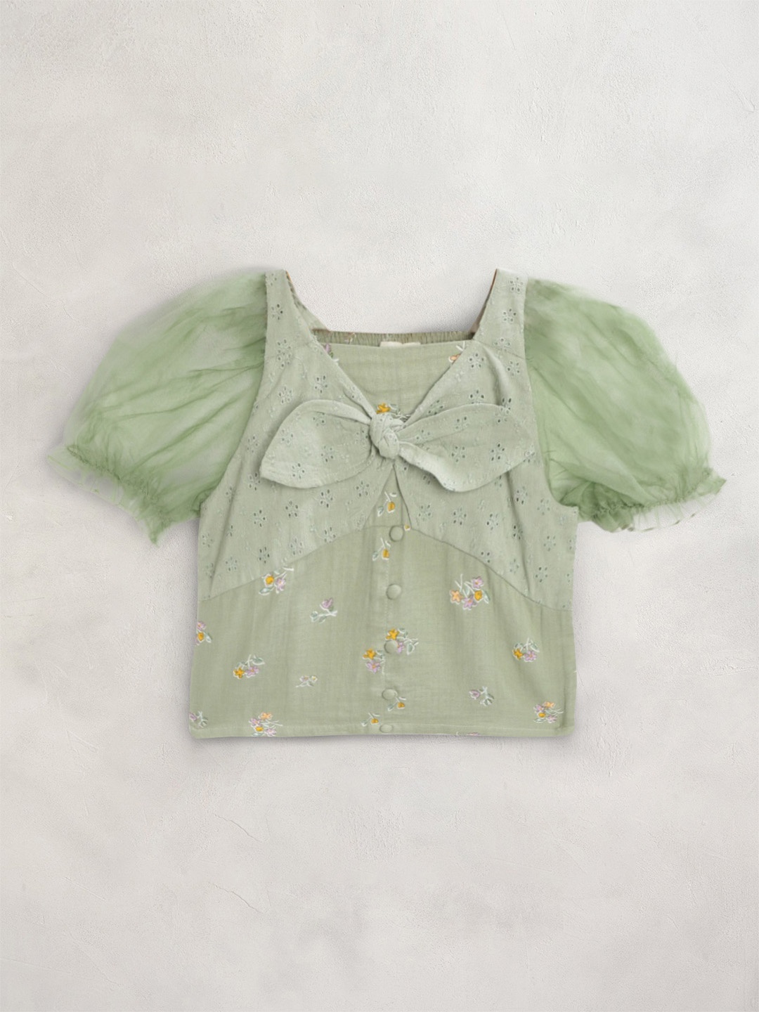 

Cherry Crumble Girls Green Cotton Half Sleeves Floral Print Mint Bow Top