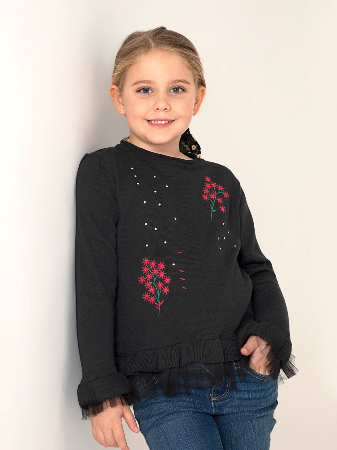 

Cherry Crumble Girls Black & Pink Floral Pullover with Embroidered Detail