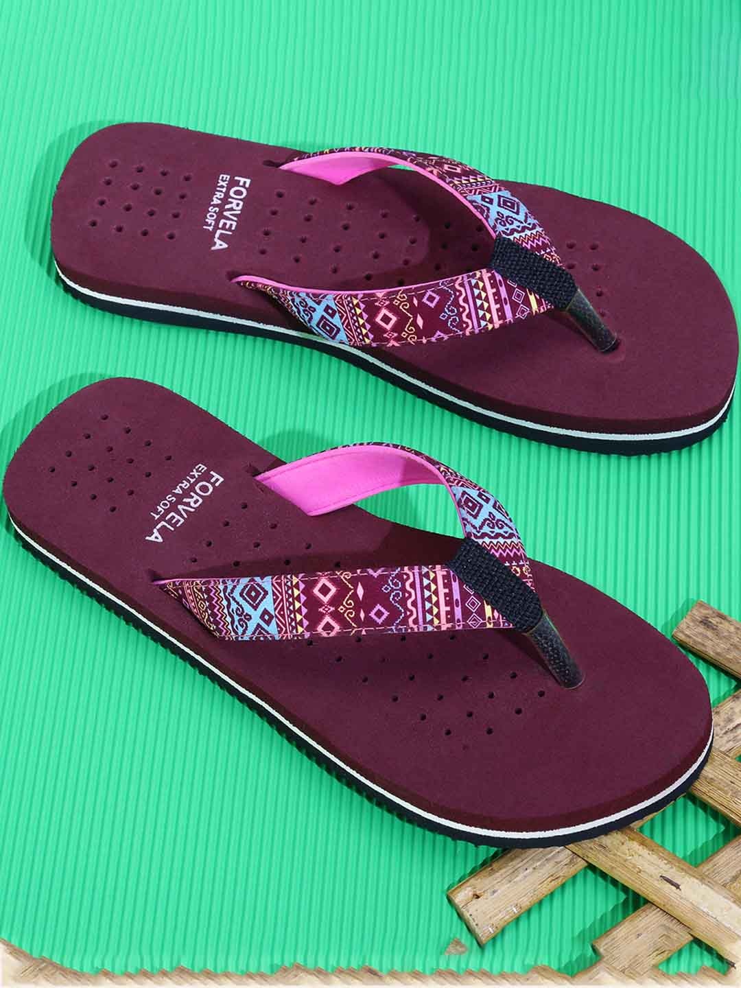 

FORVELA Women Burgundy & Pink Printed Rubber Thong Flip-Flops