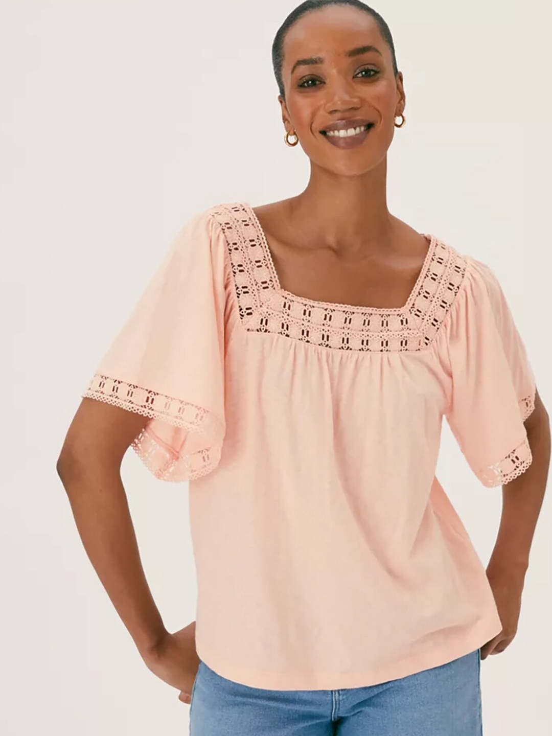 

Marks & Spencer Pink Schiffli Self Design Cotton Top