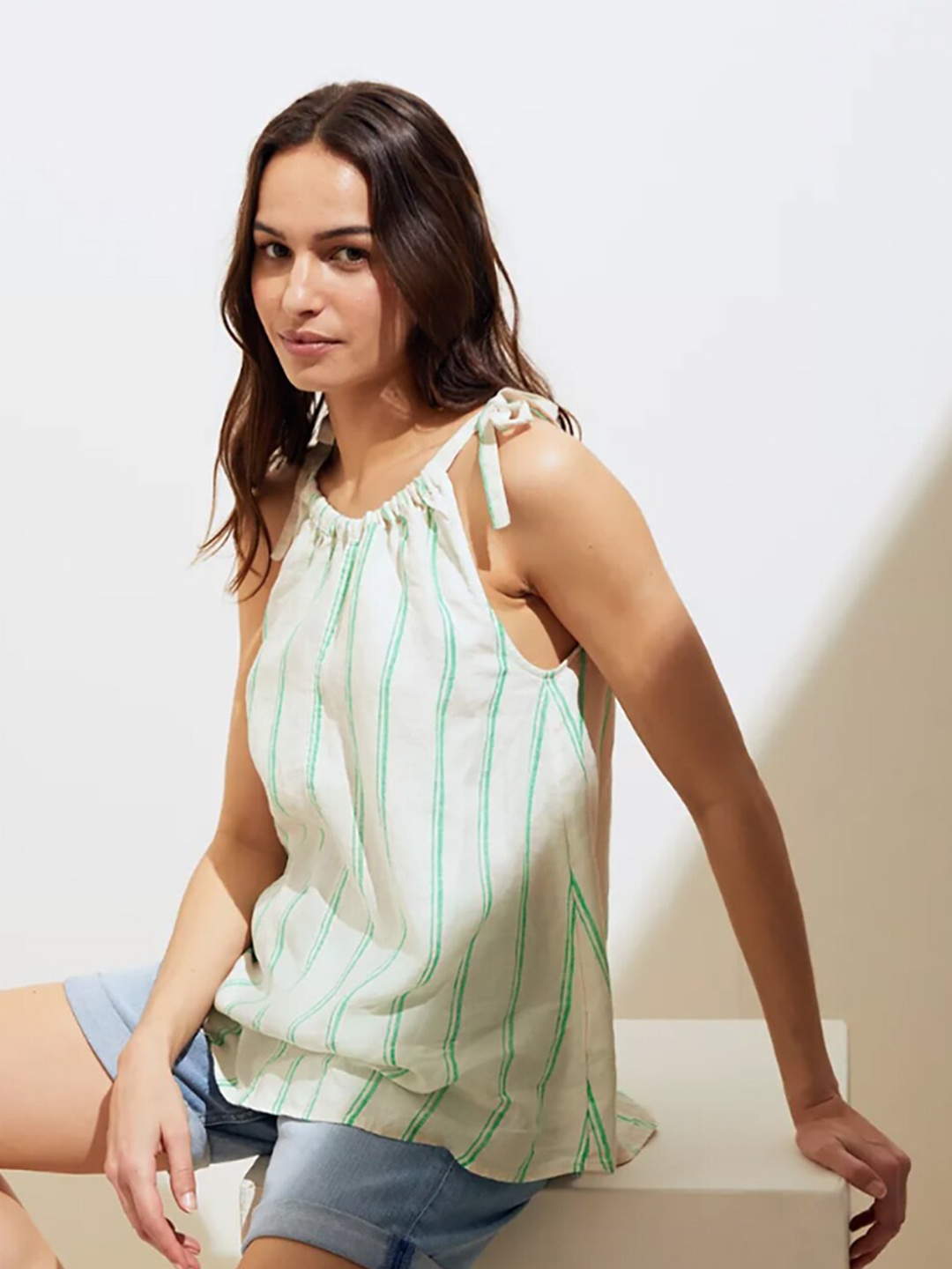 

Marks & Spencer Women Cream Striped Linen Shoulder Straps Top