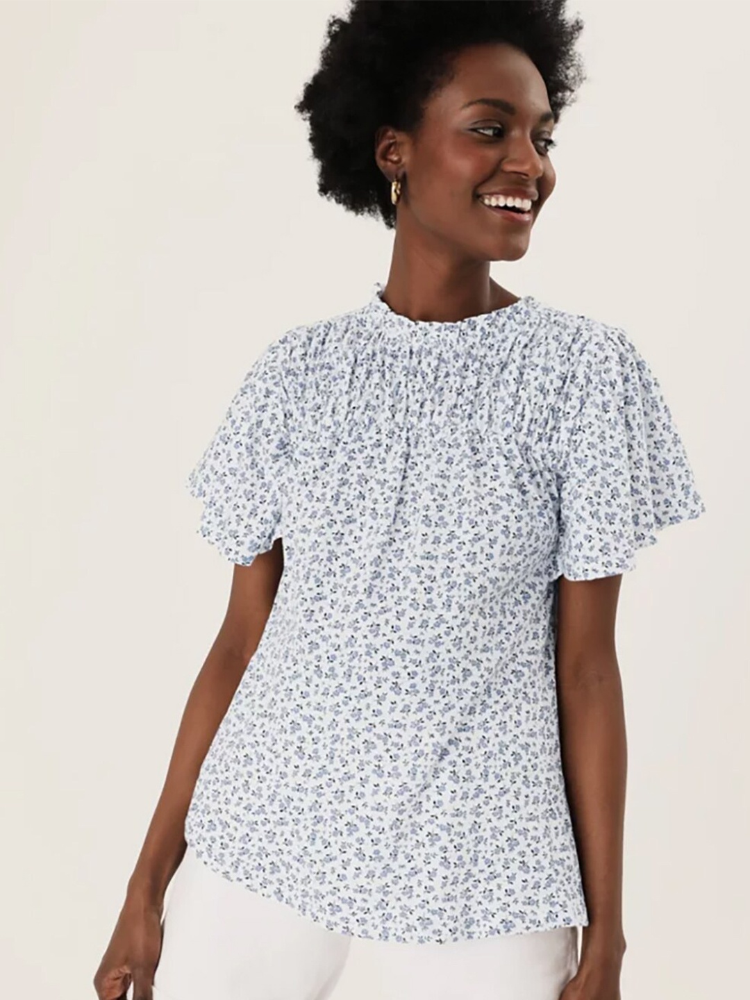 

Marks & Spencer White Floral Print Mandarin Collar Top