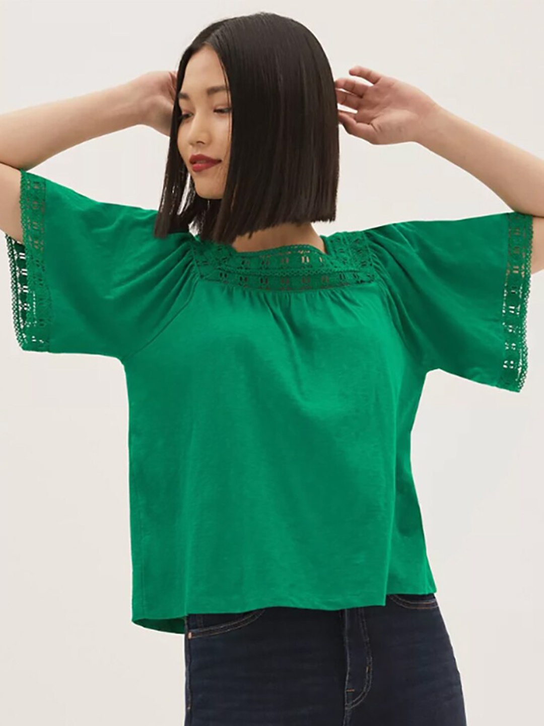 

Marks & Spencer Green Lace Inserts Pure Cotton Top
