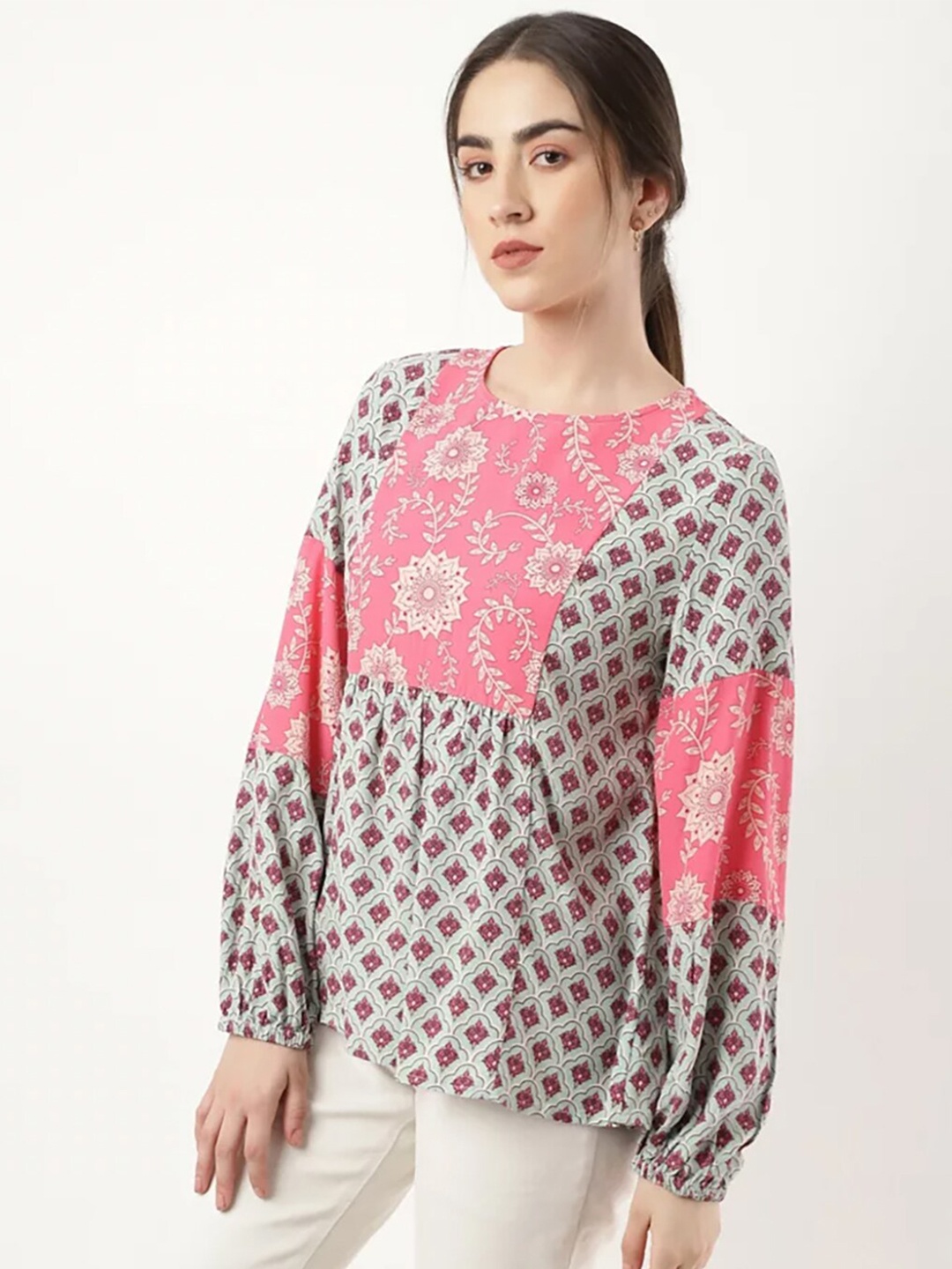 

Marks & Spencer Women Off-White & Pink Printed Top