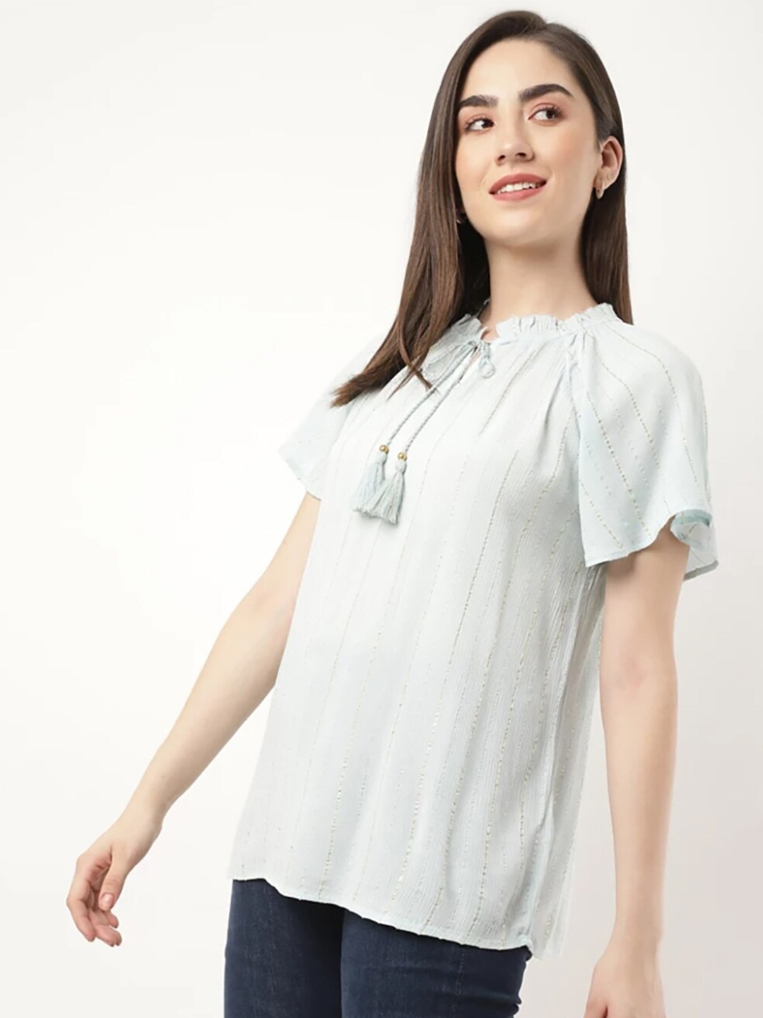 

Marks & Spencer Blue & bright gray Tie-Up Neck Top