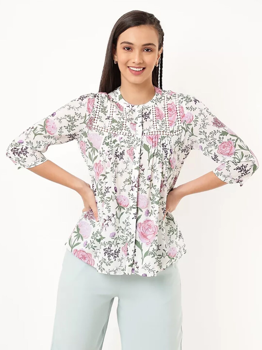 

Marks & Spencer Beige Floral Print Mandarin Collar Shirt Style Top