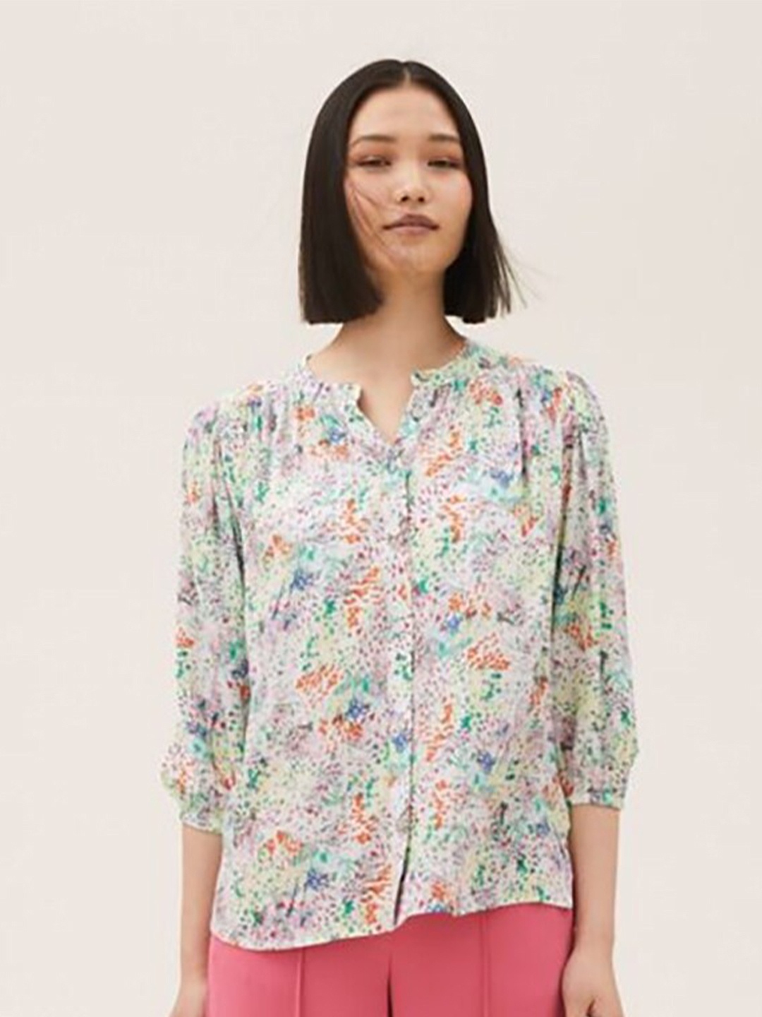 

Marks & Spencer Women Orange, Green Abstract Print Mandarin Collar Shirt Style Top