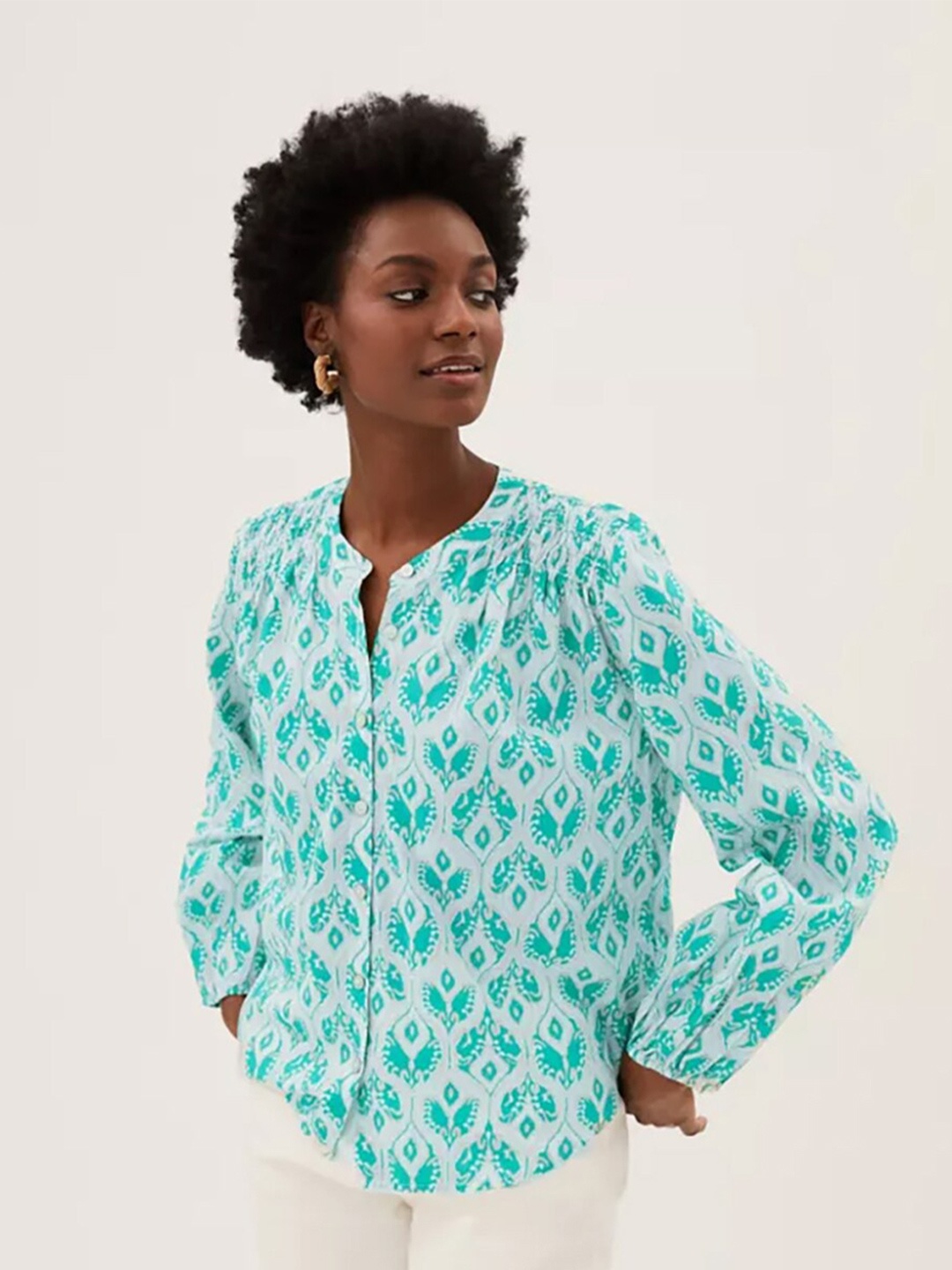 

Marks & Spencer White & Turquoise Blue Floral Print Mandarin Collar 100% cotton Top
