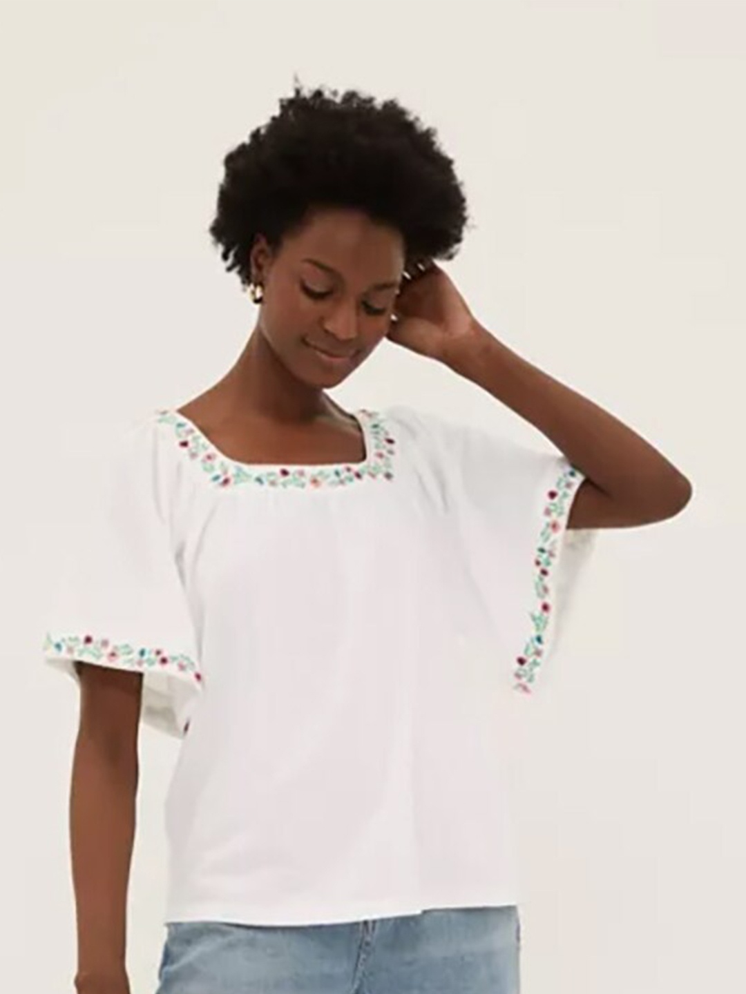 

Marks & Spencer White & Green Solid Pure Cotton Flared Sleeves Top