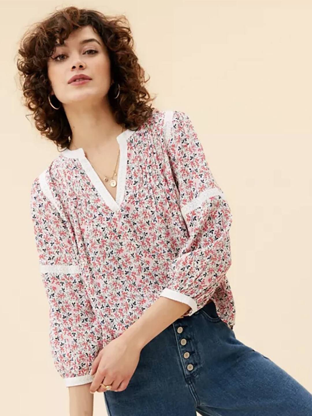 

Marks & Spencer Cream-Coloured Floral Print Top