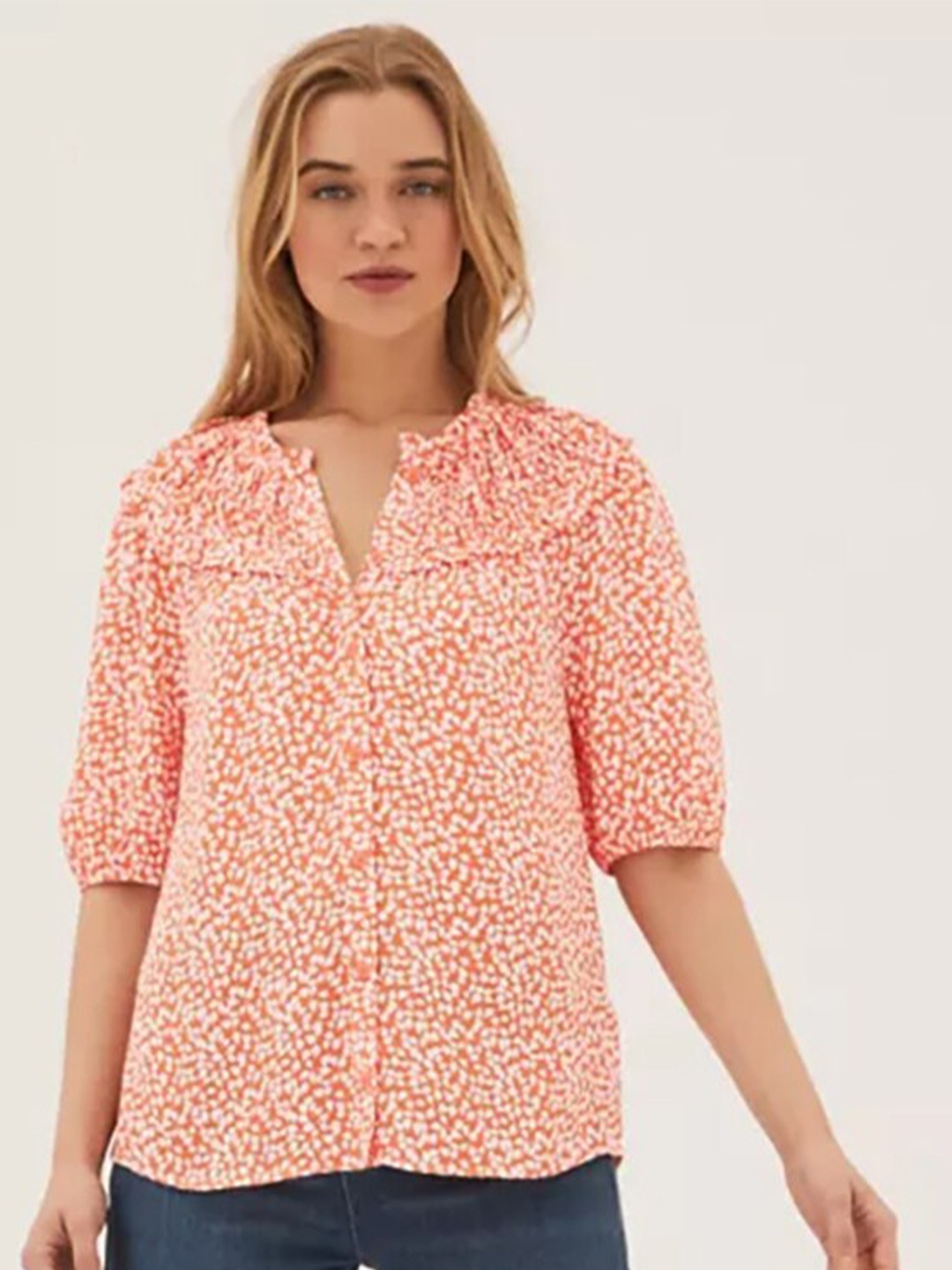 

Marks & Spencer Peach-Coloured Floral Print Ruffles Top