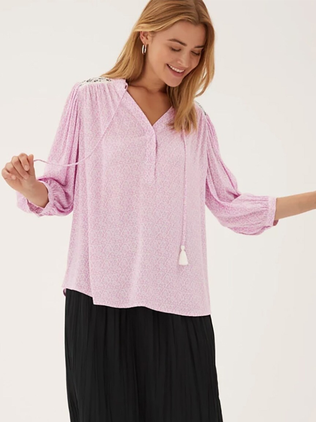

Marks & Spencer Pink Floral Print Tie-Up Neck Top