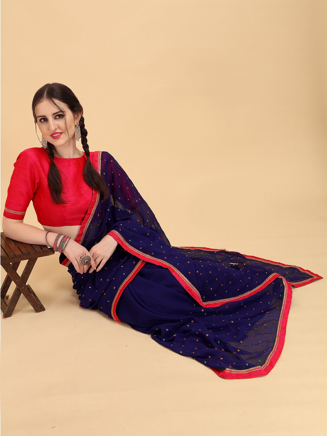 

Sangria Women Blue Silk Blend Geometric Sequinned Party Saree