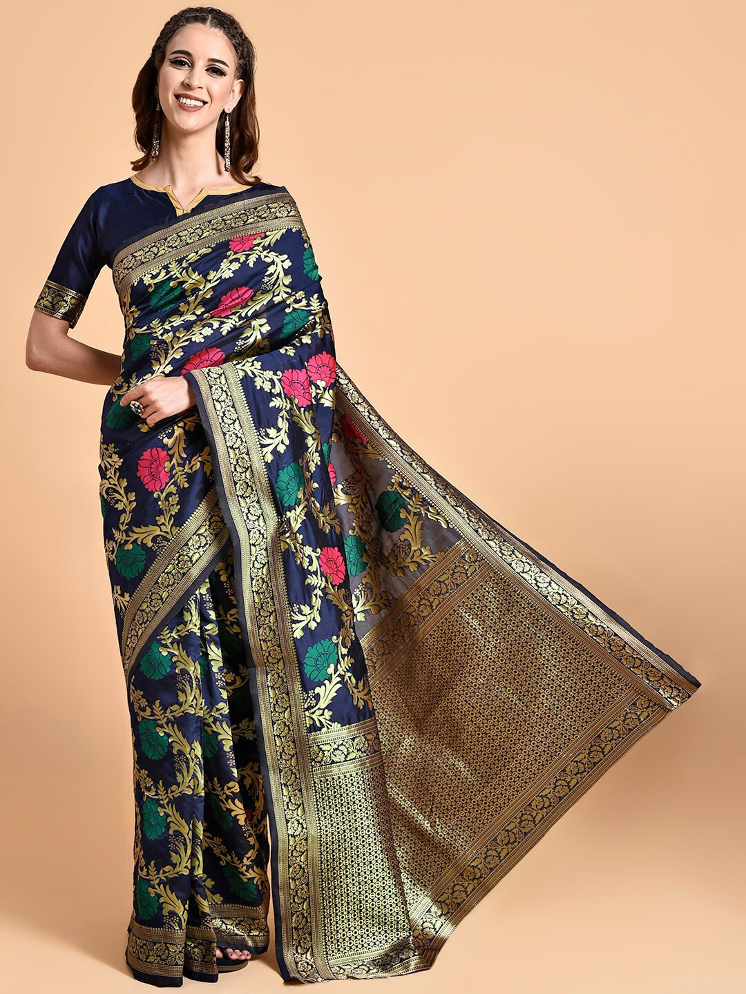 

Sangria Women Navy Blue & Gold Floral Printed Sarees