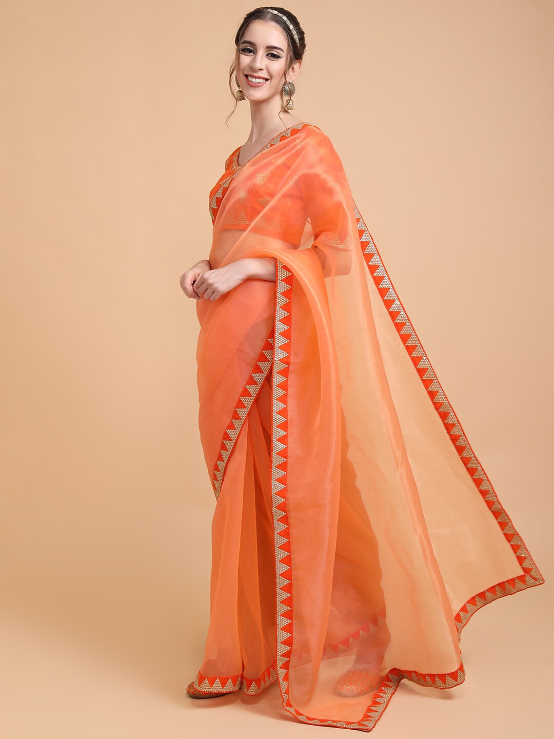 

Sangria Orange & Gold-Toned Sequined Organza Saree