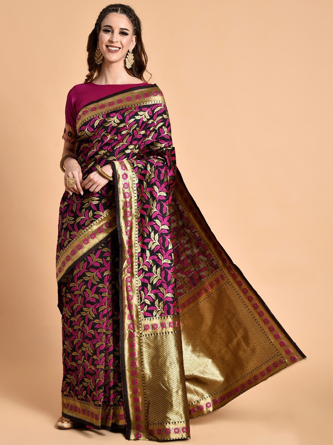 

Sangria Black & Pink Floral Zari Silk Blend Heavy Work Saree