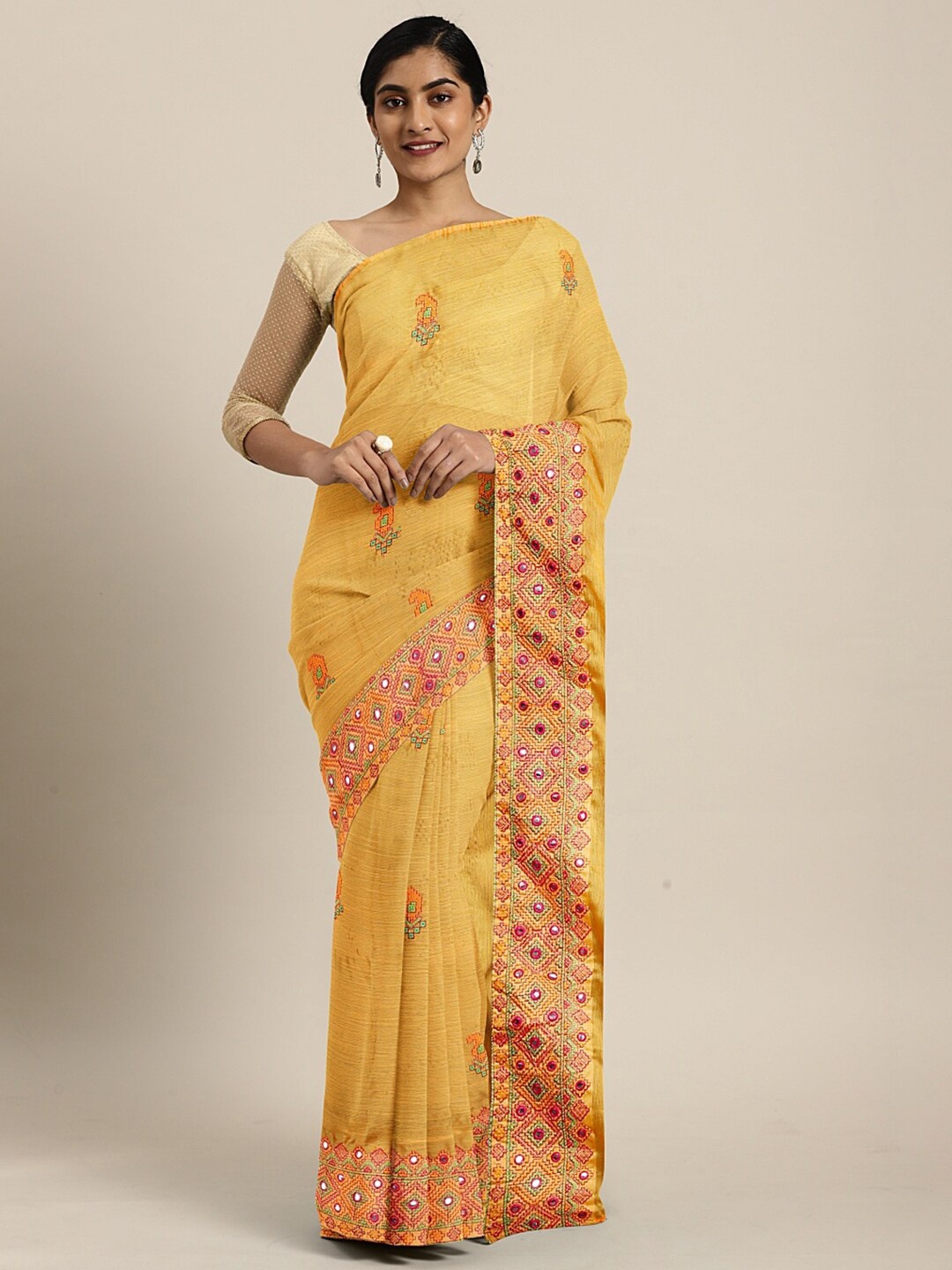 

Sangria Mustard & Red Bandhani Embroidered Pure Chiffon Bandhani Saree