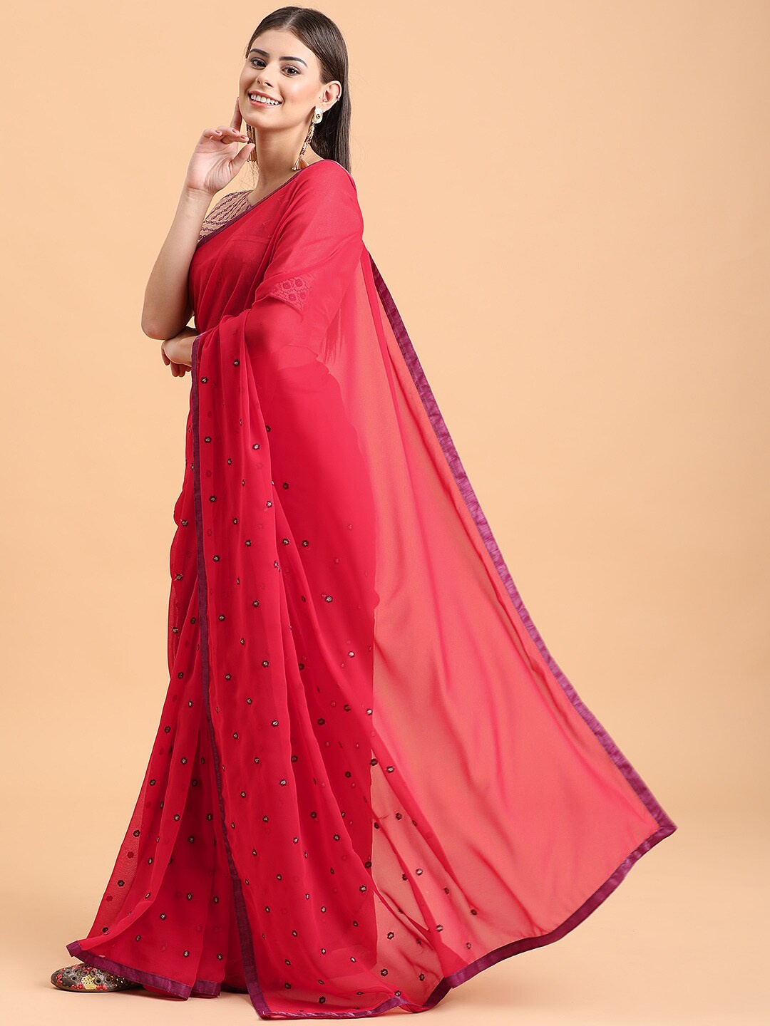 

Sangria Red & Purple Floral Embroidered Pure Georgette Saree