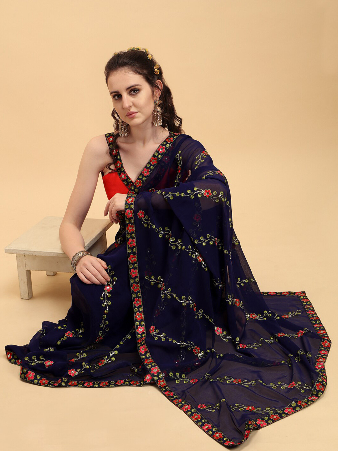 

Sangria Blue & Red Floral Embroidered & Sequinned Pure Georgette Saree