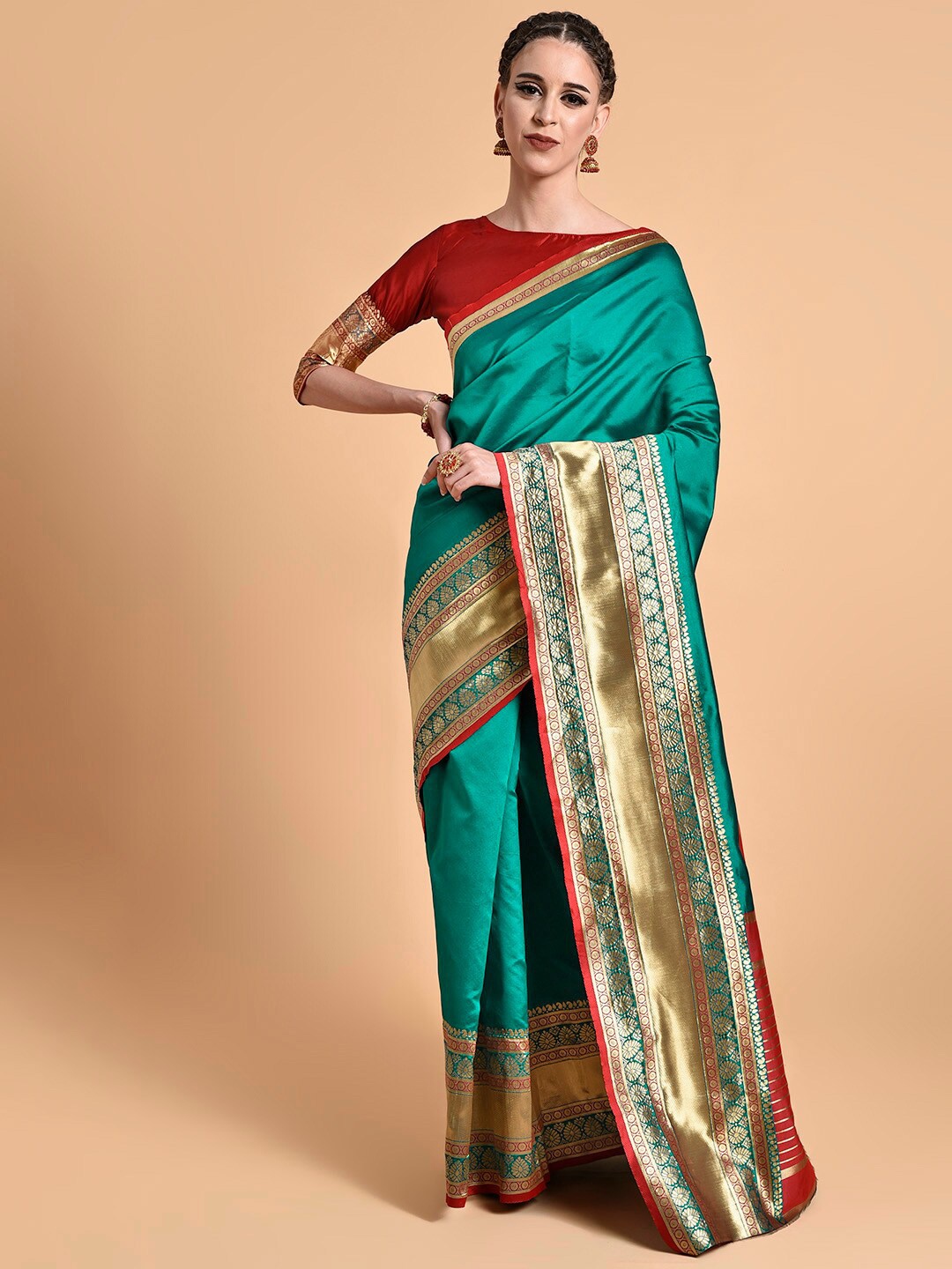 

Sangria Women Teal Silk Blend Dyed Woven Design Zari Heavy Work Banarasi Saree