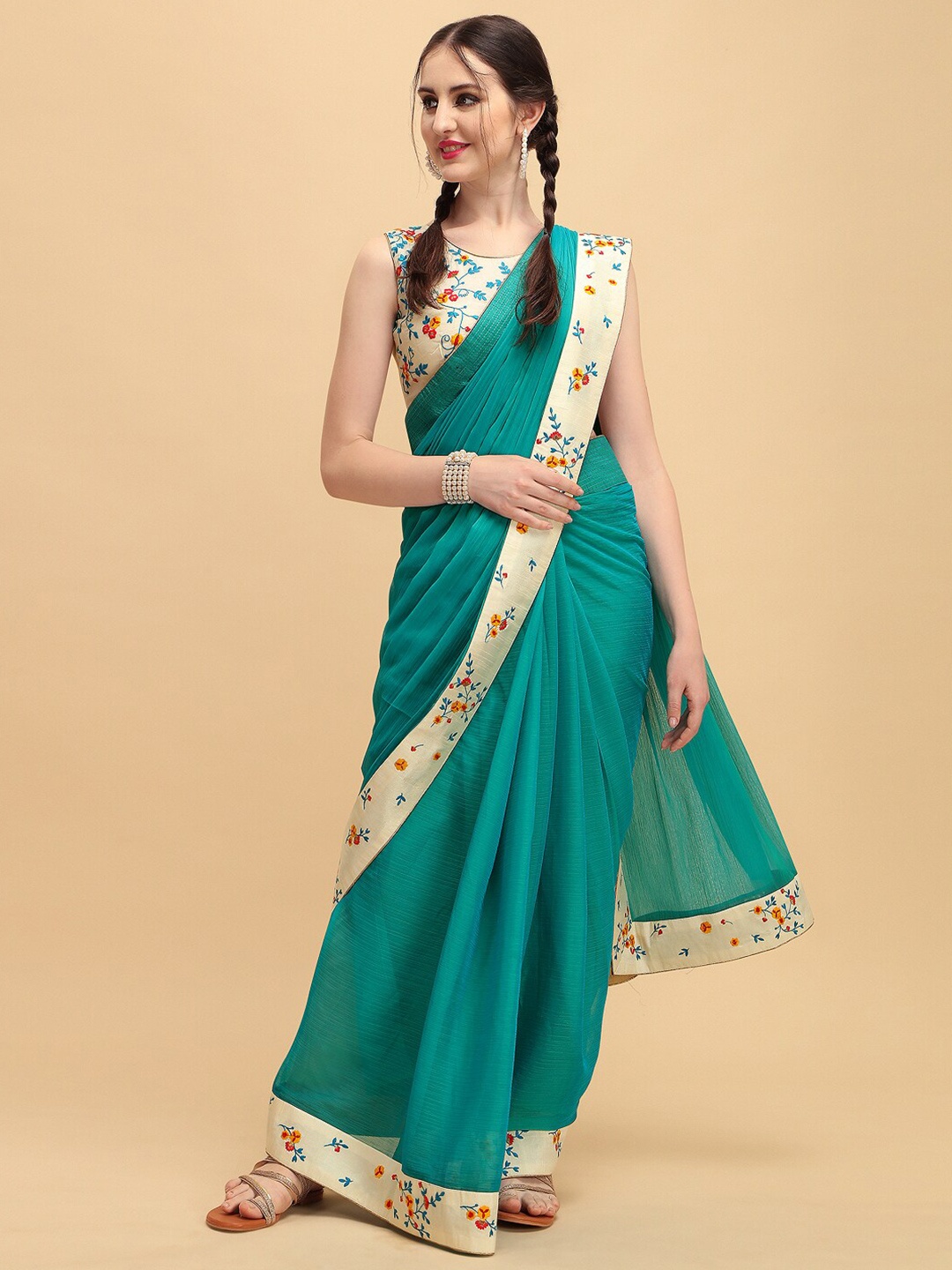 

Sangria Turquoise Blue & Beige Floral Embroidered Silk Blend Saree