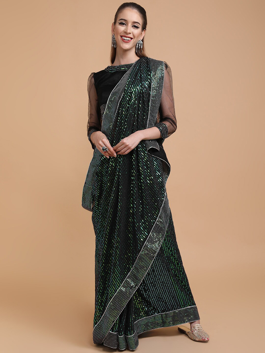 

Sangria Women Black & Green Sequinned Georgette Sarees
