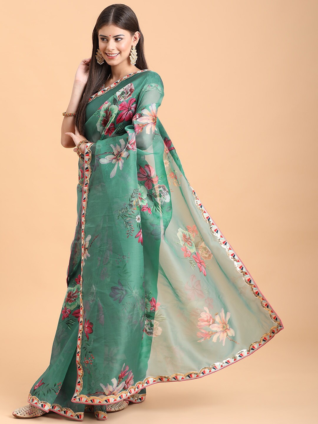 

Sangria Teal & Pink Floral Sequinned Organza Saree