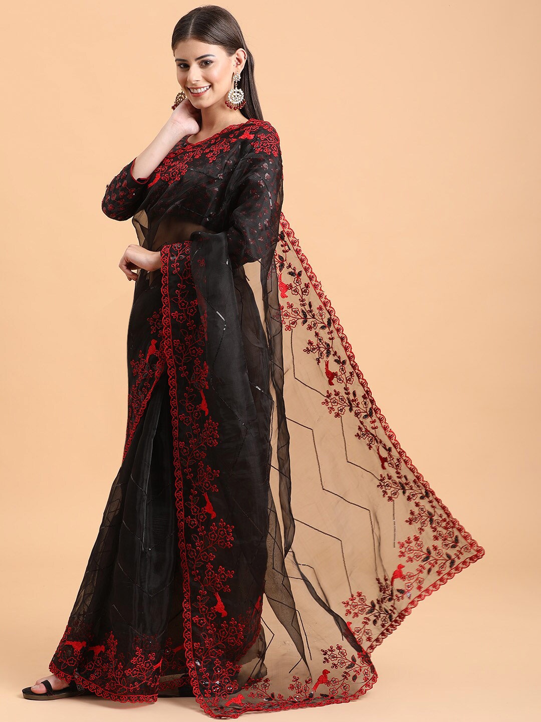 

Sangria Black & Red Sequinned Organza Party Wear Saree