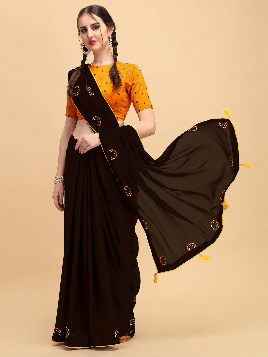 

Sangria Coffee Brown & Yellow Embroidered Pure Georgette Saree