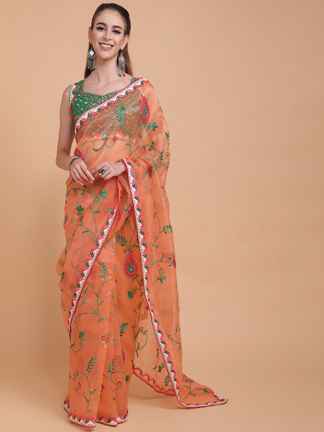 

Sangria Orange & Green Paisley Embroidered Organza Saree