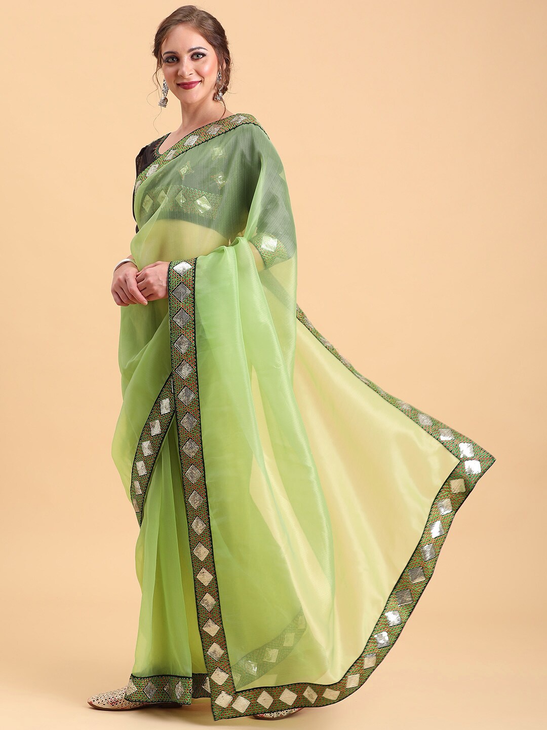 

Sangria Women Lime Green Organza Kutchi Embroidery Traditional Saree