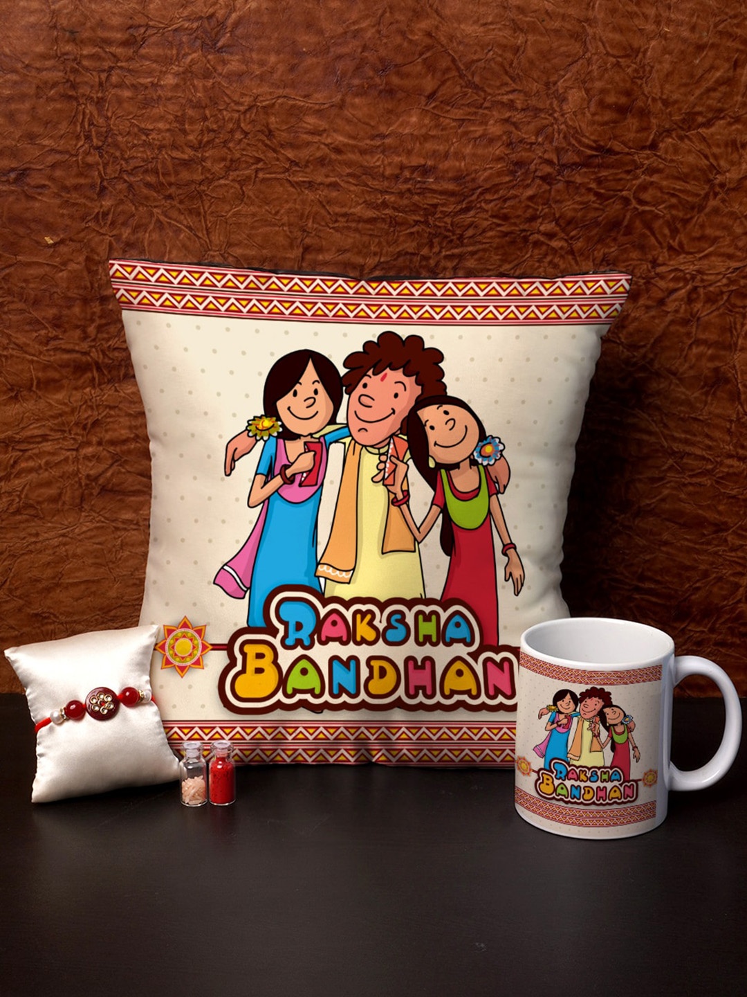 

Crazy Corner Red & Gold-Toned Stone-Studded Rakhi Gift Set