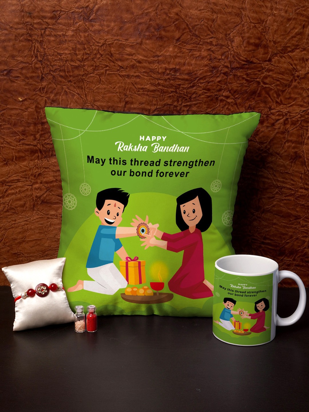 

Crazy Corner Cushion Mug and Rakhi Combo, Green