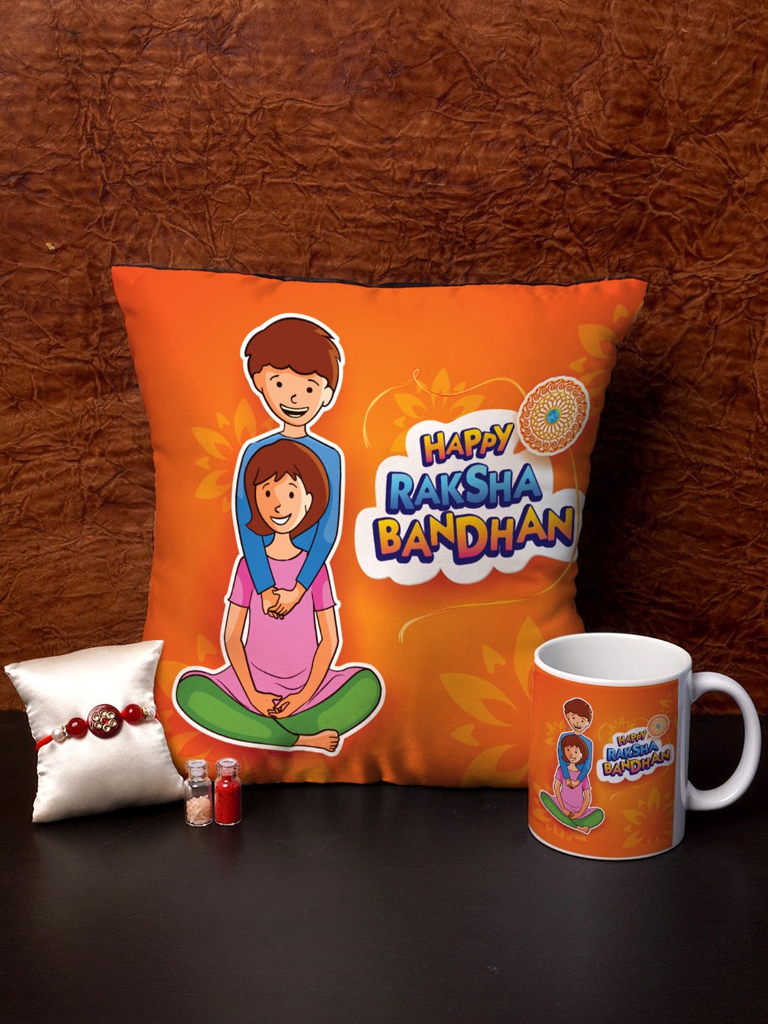 

Crazy Corner Red & Orange Cushion Mug & Rakhi Combo