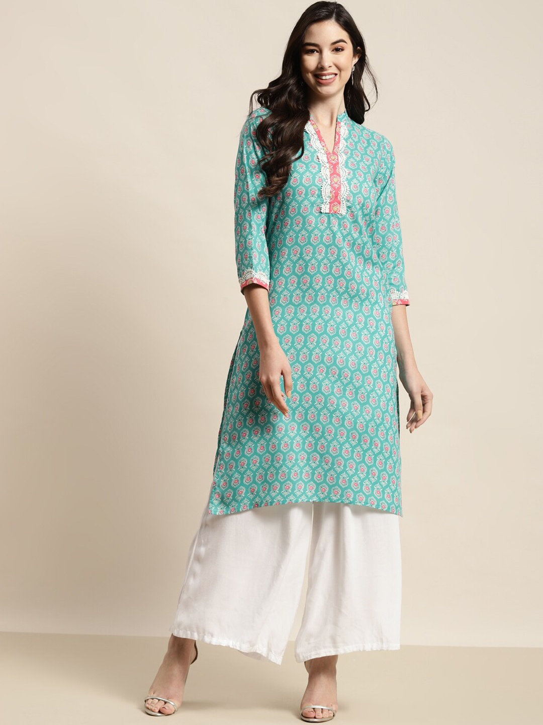 

Jompers Women Blue & Coral Ethnic Motifs Printed Thread Work Block Print Kurta