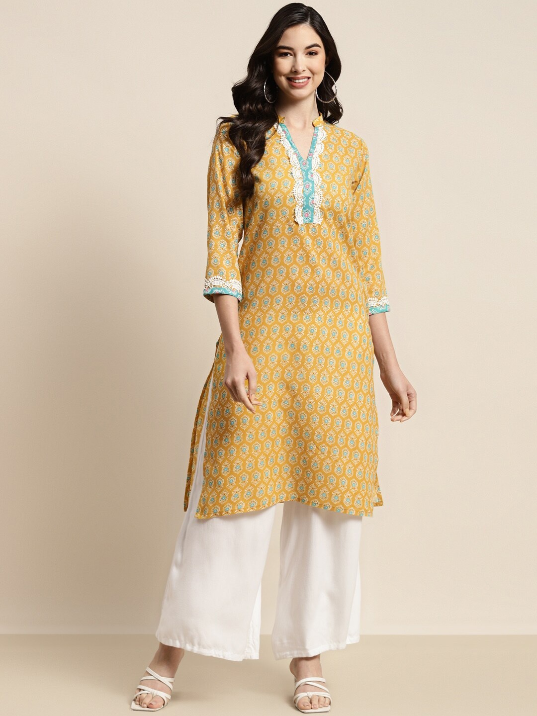 

Jompers Women Yellow Ethnic Motifs Printed Thread Work Block Print Kurta