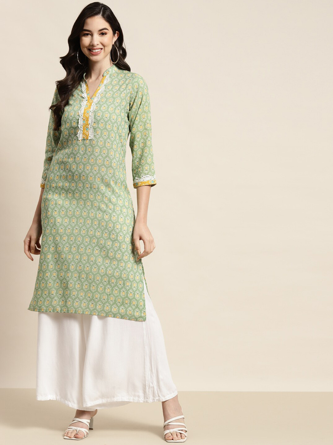 

Jompers Women Green Ethnic Motifs Printed Block Print Kurta
