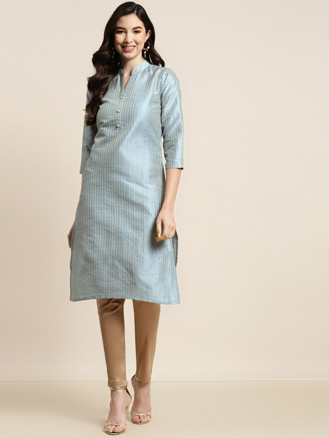 

Jompers Women Grey Striped Thread Work Kurta