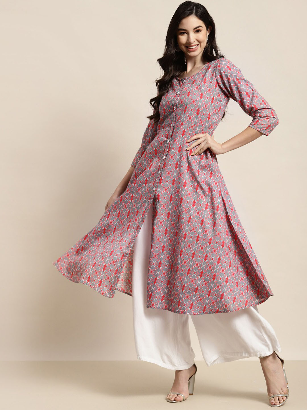 

Jompers Women Grey Ethnic Motifs Printed Cold-Shoulder Sleeves Mirror Work Anarkali Kurta