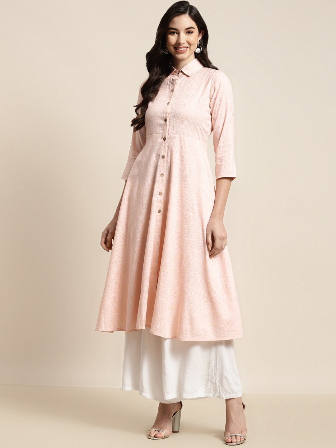 

Jompers Women Peach-Coloured Shirt Collar Flaired Kurta