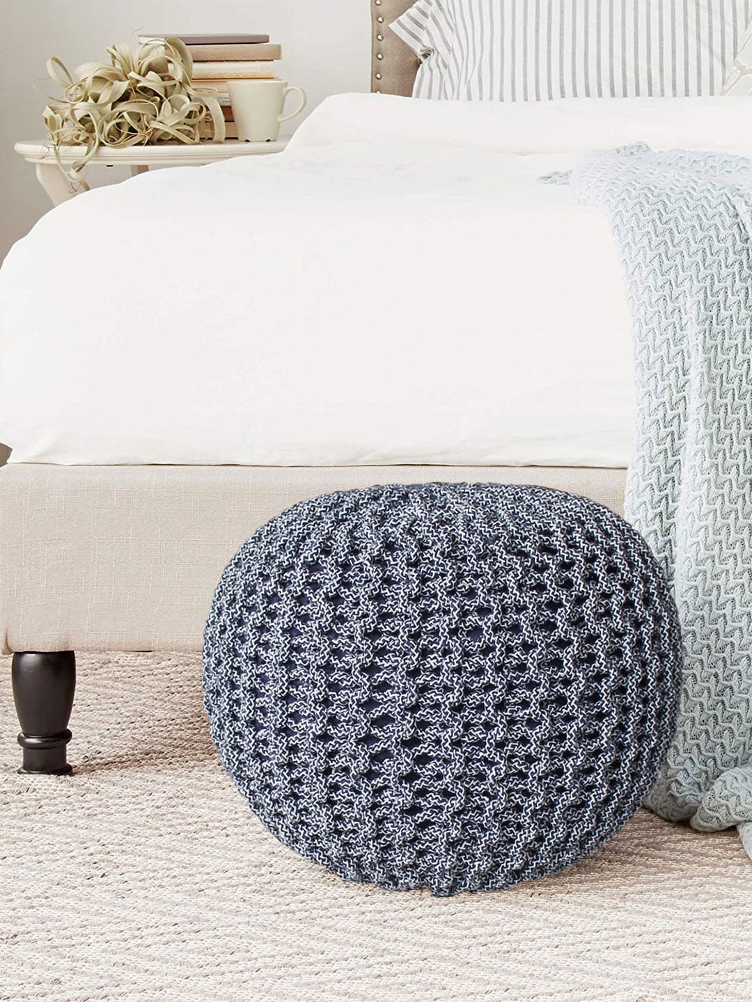 

LUXEHOME INTERNATIONAL Blue Cotton Round Pouffe Ottoman